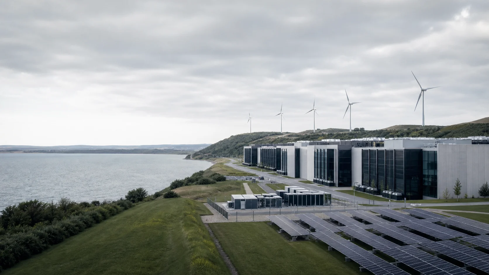 Coastal industrial park with solar panels and wind turbines