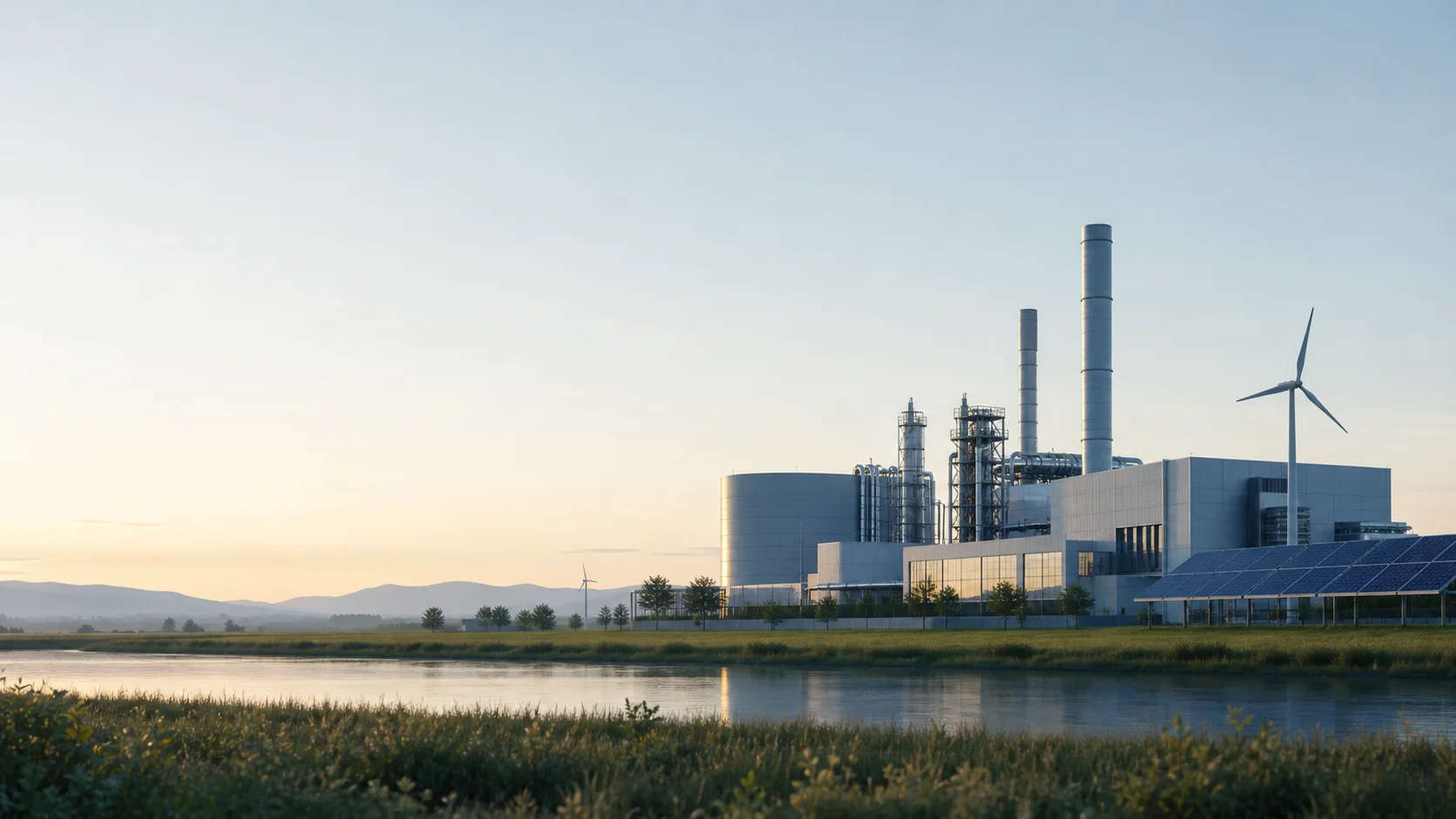 Industrial plant with wind turbine by the water